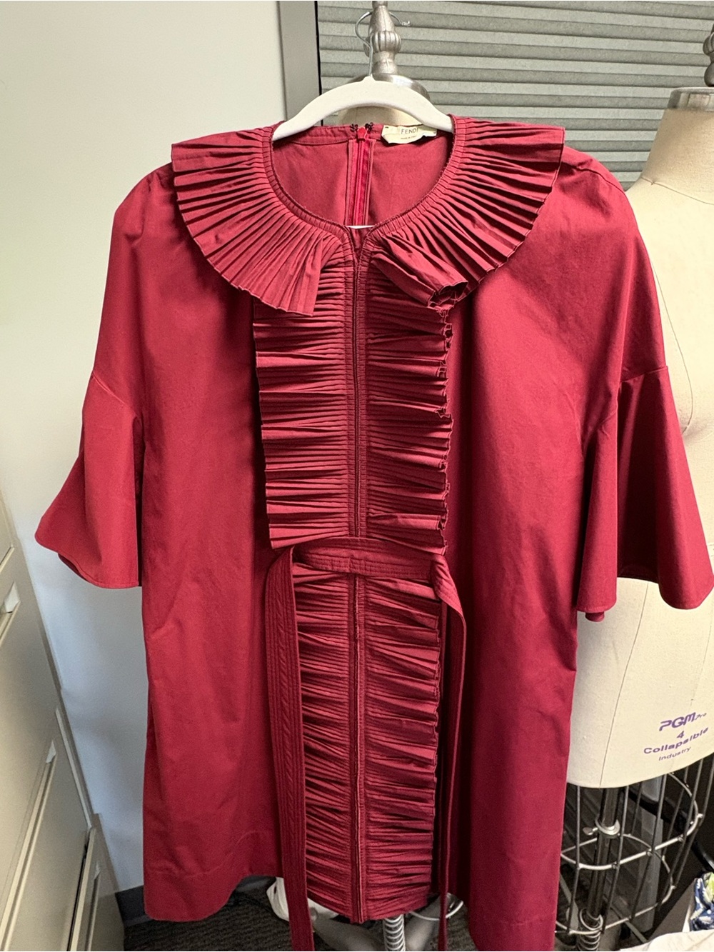 Fendi Ruffled-Front Midi Dress in Deep Red